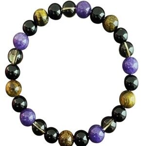 Protection Crystal Beaded Stretch Bracelet 7.5in Amethyst Tiger Eye Onyx